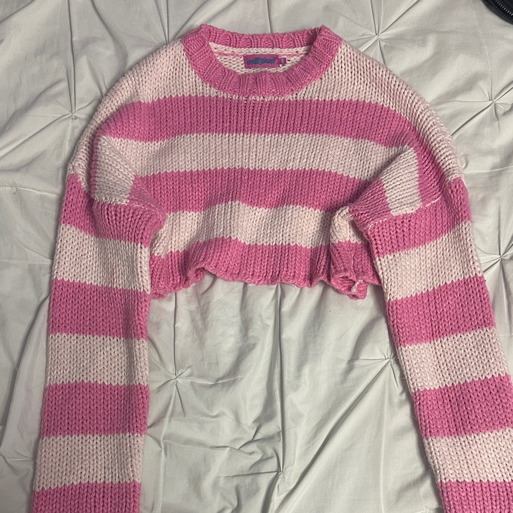 Edikted Pink and White Striped Cropped Sweater